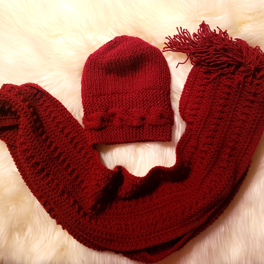 Red knit hat and matching scarf